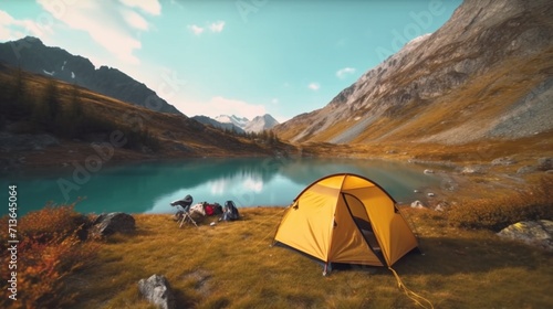 A camping tent in a nature hiking spot Relaxing during Ai Generative © Biswajit