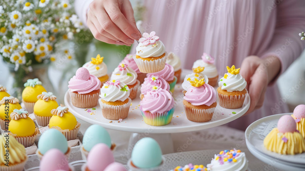 Sweet Confectionary Delights, An Artful Woman Adorns Cupcakes With Scrumptious Icing on a Beautiful Plate