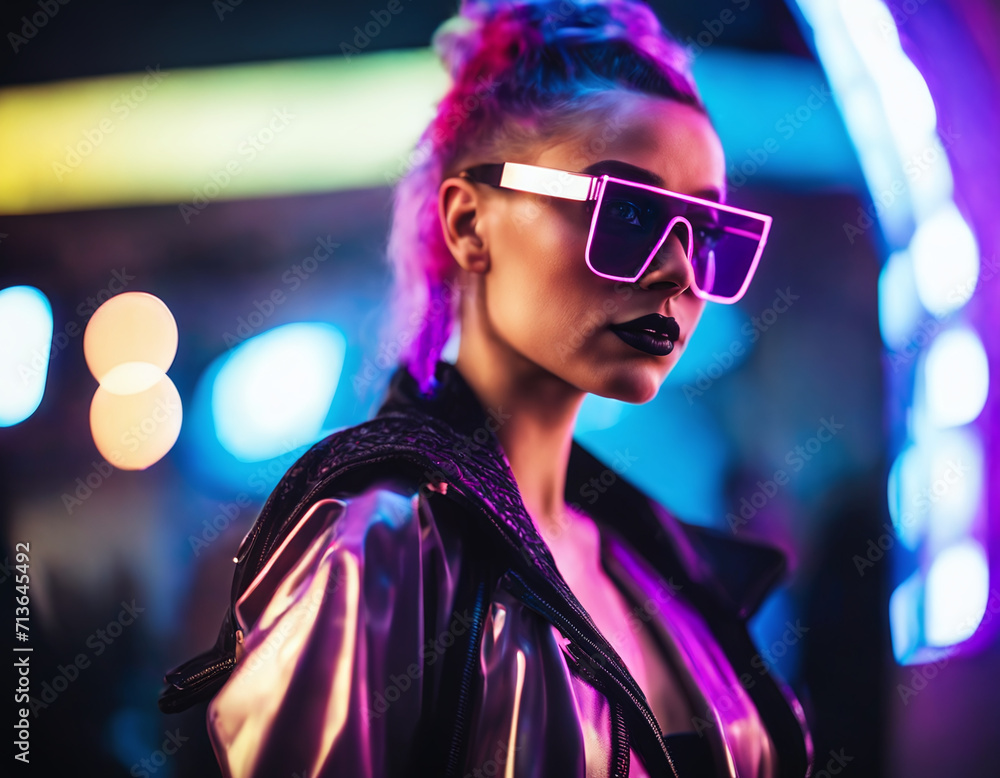 A young woman in a futuristic cyberpunk style outfit poses for the camera. The background is white. This image shows the concept of alternative fashion, subculture, and technology. A young woman in a futuristic cyberpunk style outfit poses for the camera. The background is white. This image shows the concept of alternative fashion, subculture, and technology.
