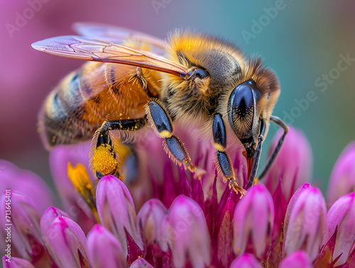 Breathtaking macro shot: Bee collecting nectar, showcasing nature's beauty. Ultra Realistic capture with Canon EF 100mm f/2.8L IS USM Macro Lens. Ideal for National Geographic enthusiasts © waruna