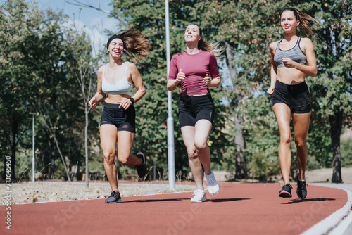 Athletic women running and jogging together in the city park, enjoying a sunny day and a positive atmosphere.