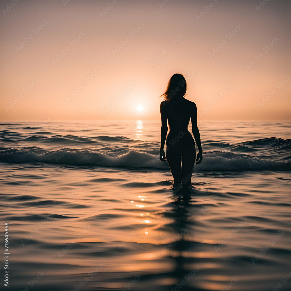 female silhouette standing in ocean