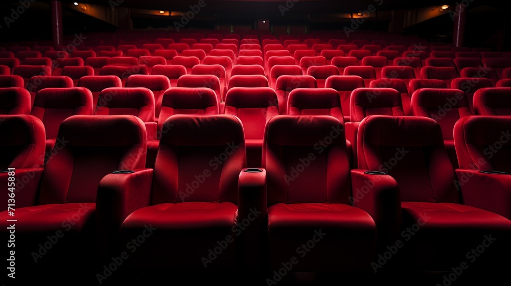 Rows of unoccupied theater chairs in a quiet and atmospheric auditorium, awaiting an audience.