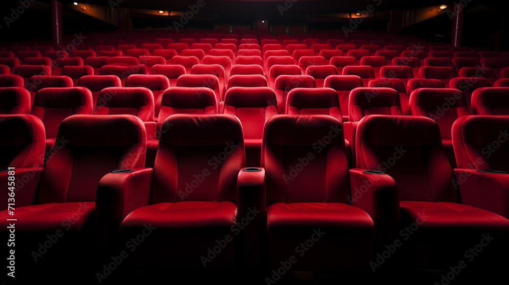 Rows of unoccupied theater chairs in a quiet and atmospheric auditorium, awaiting an audience. Rows of unoccupied theater chairs in a quiet and atmospheric auditorium, awaiting an audience.