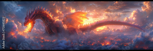 Dragon breathing fire while flying over a village. Mythology creature. Dark fantasy illustration. Generative AI photo