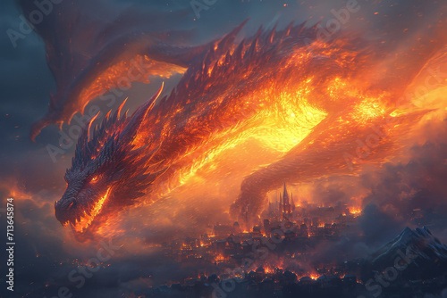 Dragon breathing fire while flying over a village. Mythology creature. Dark fantasy illustration. Generative AI
