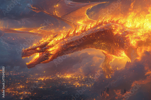 Dragon breathing fire while flying over a village. Mythology creature. Dark fantasy illustration. Generative AI
