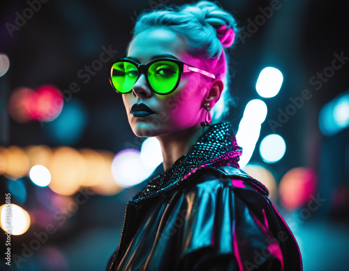 A young woman in a futuristic cyberpunk style outfit poses for the camera. The background is white. This image shows the concept of alternative fashion, subculture, and technology.
