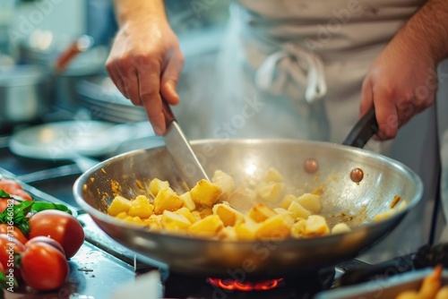 chef frying crispy potatoes