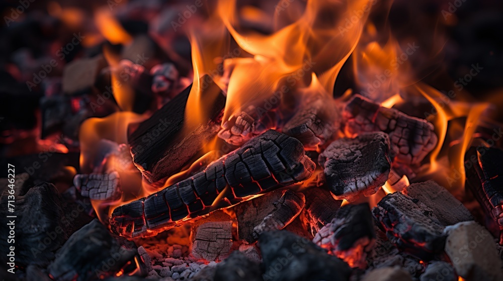 Close up of crackling fireplace with vibrant flames and glowing embers, illuminated by warm light.
