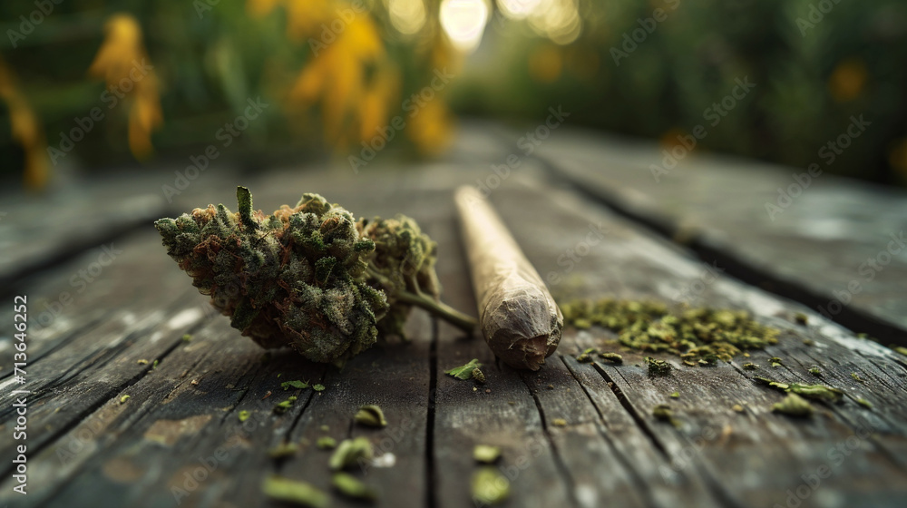 Obraz premium Cannabis buds and cigar on old wooden table. Close up.