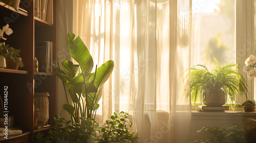 Suave luz solar atravessa as cortinas leves lançando um brilho etéreo e quente pela sala photo