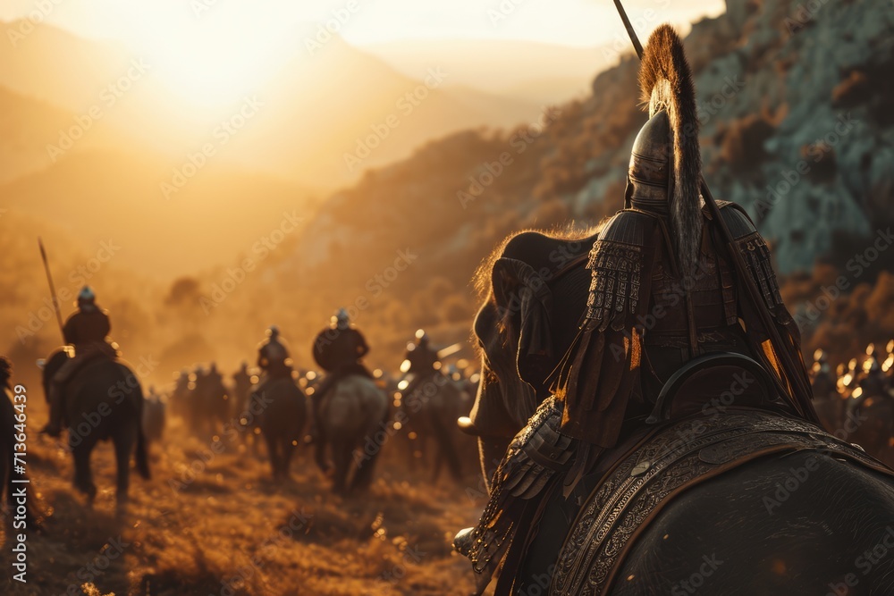 The Alps Conquest: Cinematic Scene of Hannibal Barca, Carthaginian General in His Thirties, Astride an Elephant, Surveying the Harsh Mountain Sunlight with Sun Flare, Signifying Audacity and Strategic