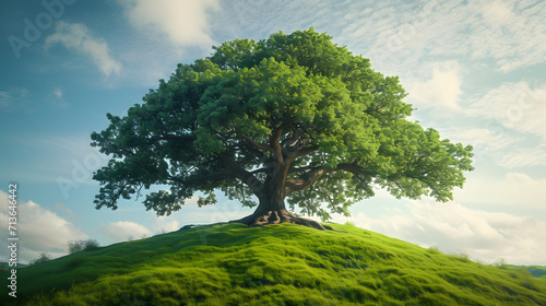 An ancient thousand-year-old oak tree on top of a hill in a green meadow 