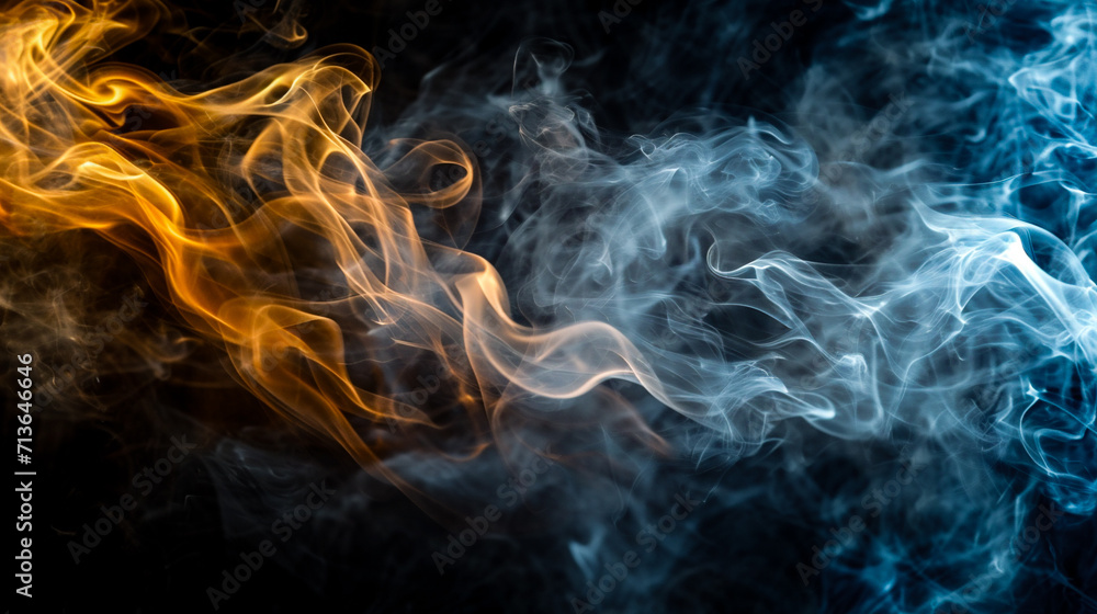 Fototapeta premium Colorful smoke of orange, yellow and blue on a black isolated background. Background from the smoke of vape