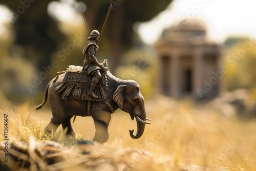 The Alps Conquest: Cinematic Scene of Hannibal Barca, Carthaginian General in His Thirties, Astride an Elephant, Surveying the Harsh Mountain Sunlight with Sun Flare, Signifying Audacity and Strategic photo