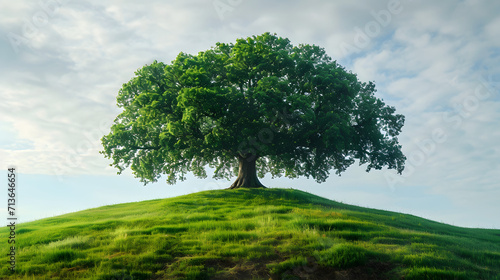 An ancient thousand-year-old oak tree on top of a hill in a green meadow 