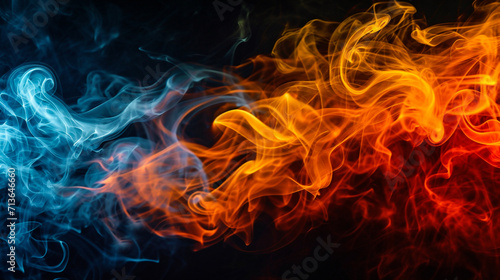 Colorful smoke of orange, yellow and blue on a black isolated background. Background from the smoke of vape