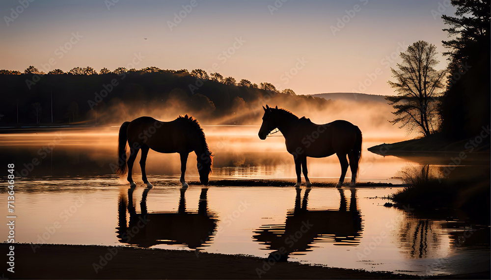 background silhouette horse serene lake. Capturing the poetic and peaceful essence of the scene background silhouette horse serene lake. Capturing the poetic and peaceful essence of the scene