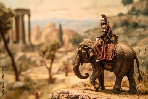 The Alps Conquest: Cinematic Scene of Hannibal Barca, Carthaginian General in His Thirties, Astride an Elephant, Surveying the Harsh Mountain Sunlight with Sun Flare, Signifying Audacity and Strategic