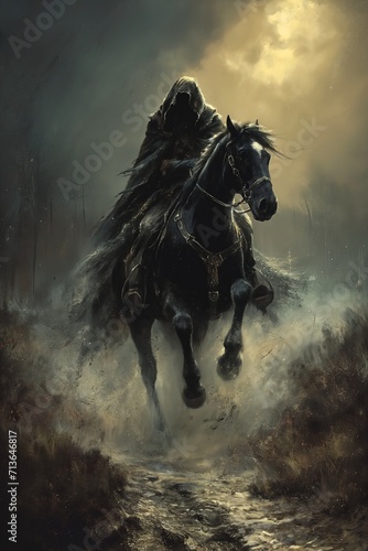horse rider running desert wearing hooded cloak reminded grim reaper profile spiritual eerie creepy city rogue fog surrounds © Cary