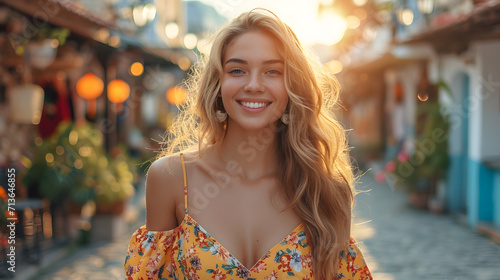 Young woman in a trendy summer dress with floral patterns, on a street with cafe