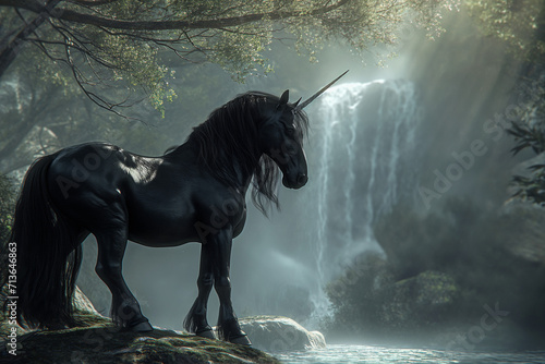 Black Unicorn by waterfall © Caleb