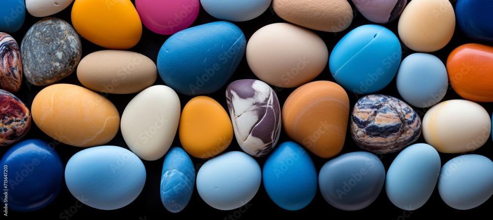 Close up of vibrantly colored beach pebbles with smooth textures and radiant sunlight Close up of vibrantly colored beach pebbles with smooth textures and radiant sunlight