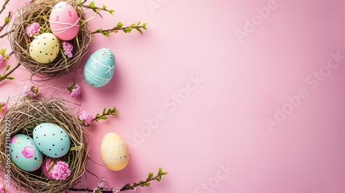 Easter background with colorful egg decorations and ample copy space for text