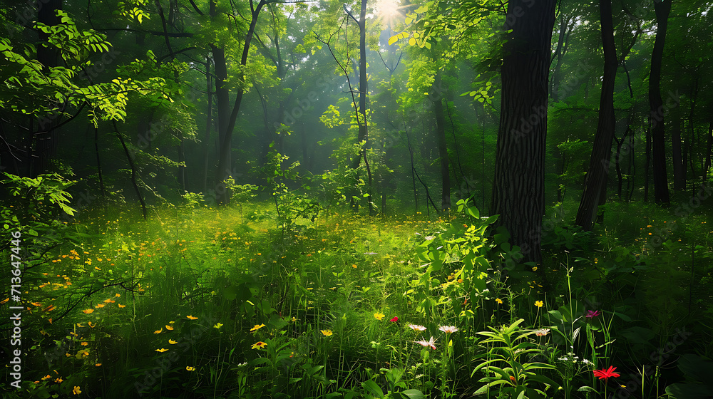 A luz do sol filtra-se através da densa copa verde lançando sombras manchadas no chão da floresta  Flores vibrantes irrompem da vegetação criando uma explosão de cores contra o fundo verde exuberante