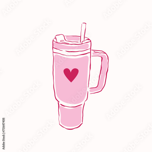 Hand drawn stanley cup. Cute pink tumbler vector