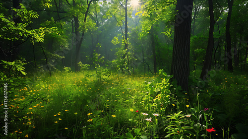 A luz do sol filtra-se através da densa copa verde lançando sombras manchadas no chão da floresta Flores vibrantes irrompem da vegetação criando uma explosão de cores contra o fundo verde exuberante