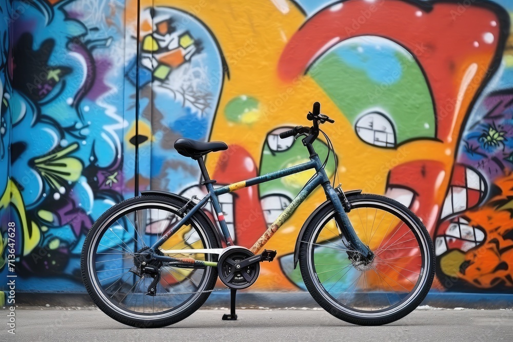 Fototapeta premium Bike Parked in Front of Colorful Wall, Urban Scene
