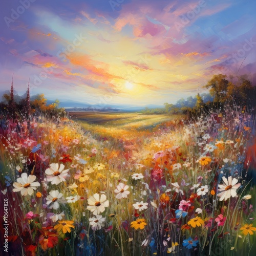Wildflower Field in Bloom: Spring Beauty, Blooming Meadow, Wildflower Blossoms, Floral Abundance, Nature's Tapestry, Springtime Elegance, Meadow in Spring, Colorful Blossoms, Fresh Blooms 