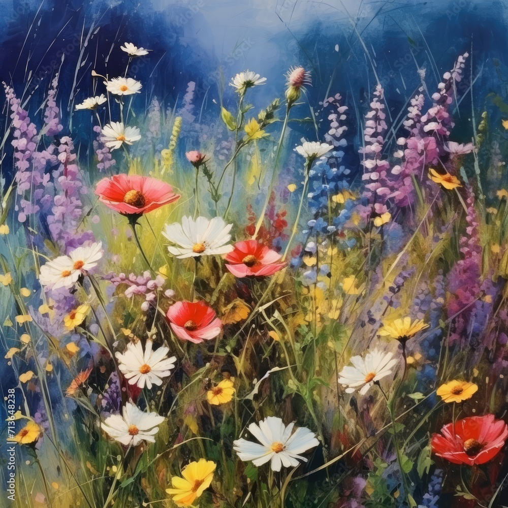 Wildflower Field in Bloom: Spring Beauty, Blooming Meadow, Wildflower Blossoms, Floral Abundance, Nature's Tapestry, Springtime Elegance, Meadow in Spring, Colorful Blossoms, Fresh Blooms

