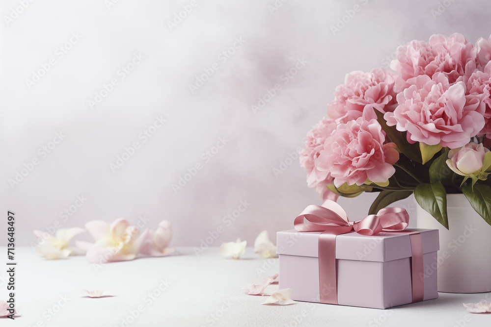 Gift box with ribbon and a bouquet of beautiful pink flowers on white background. Space for text, Generate AI Gift box with ribbon and a bouquet of beautiful pink flowers on white background. Space for text, Generate AI