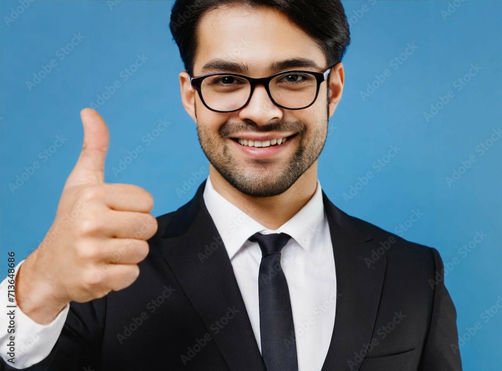 Latin businessman with thumbs up signal smiling isolated on blue studio background. Latin businessman with thumbs up signal smiling isolated on blue studio background.