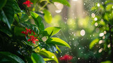 Raios de sol filtram através do exuberante dossel verde de um sereno jardim botânico lançando sombras pintalgadas na vibrante variedade de plantas e flores