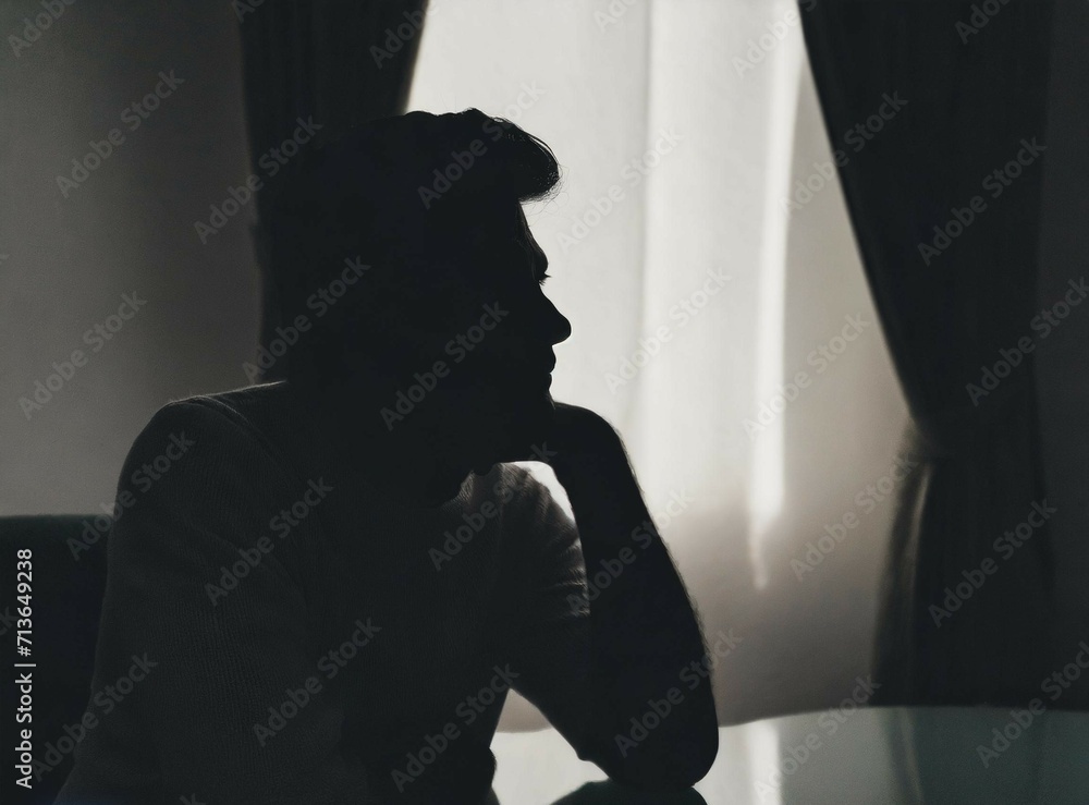 Silhouette of depressed man isolated in dark room at home. Depression, mental health concept.