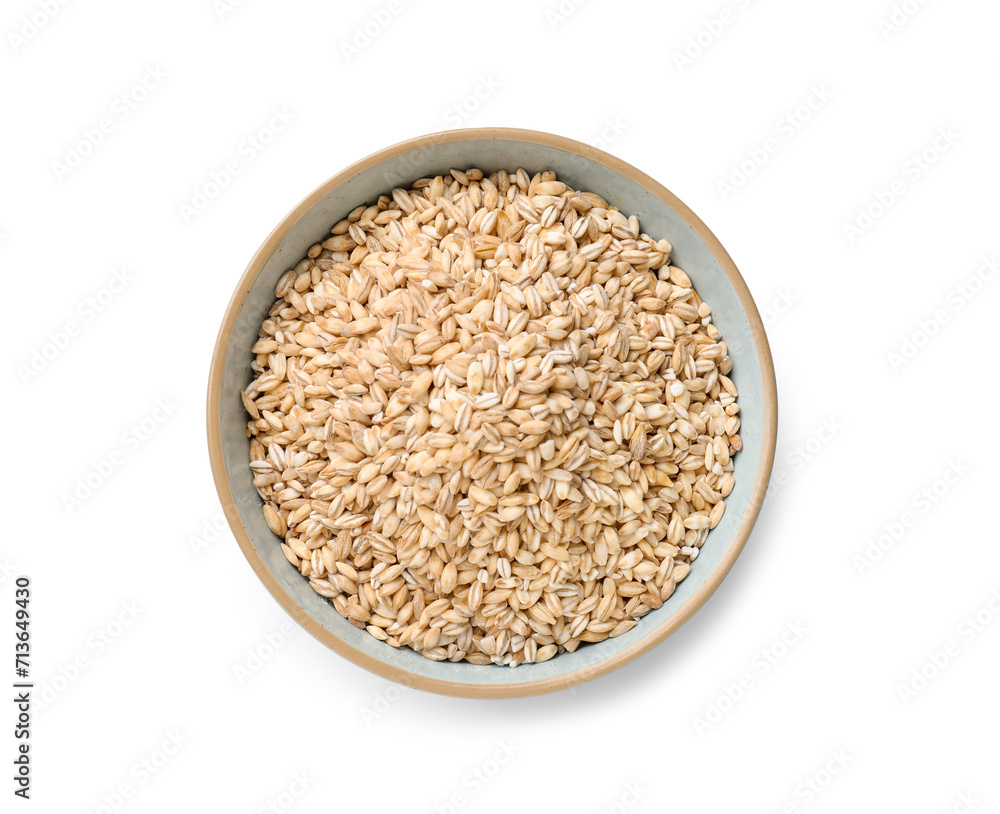 Dry pearl barley in bowl isolated on white, top view Dry pearl barley in bowl isolated on white, top view