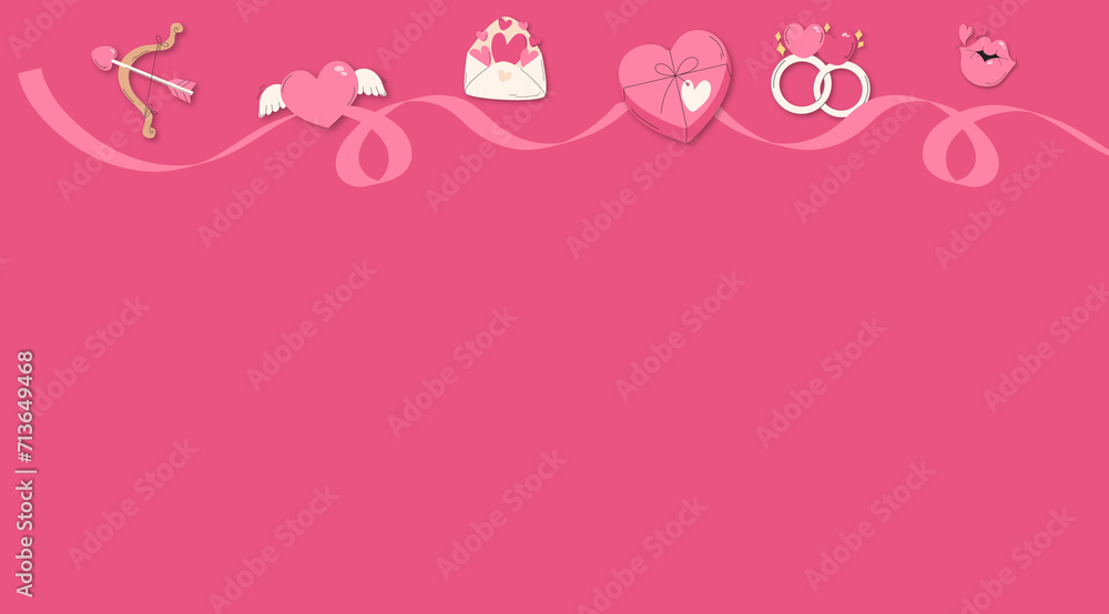 valentines day elements, heart, rings, cupid's bow and letter envelope with light color background
