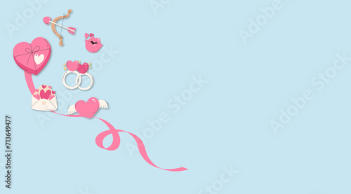 valentines day elements, heart, rings, cupid's bow and letter envelope with light color background
