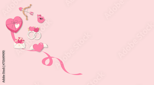 valentines day elements, heart, rings, cupid's bow and letter envelope with light color background 