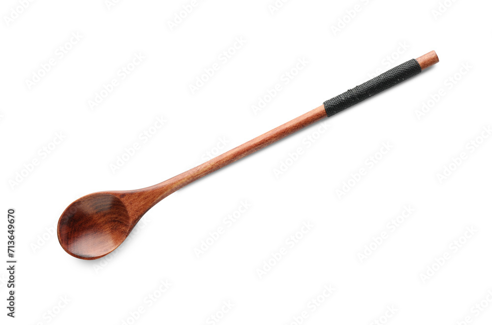 One empty wooden spoon isolated on white, top view One empty wooden spoon isolated on white, top view