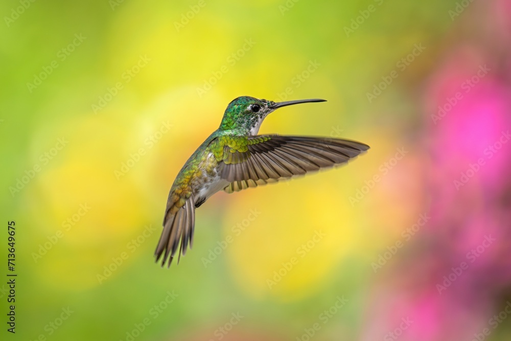 Fototapeta premium Best humminbird in Ecuador. Wildlife scene from nature. Birdwatching in South America, humminbird in flight, pastel background