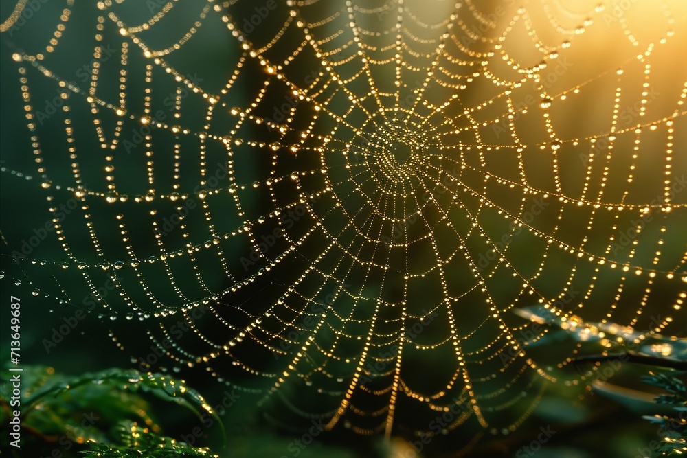 Captivating close up  intricate spider s web glistening with dewdrops, illuminated by sunlight