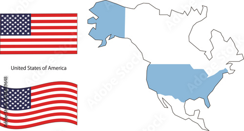 Fototapeta Naklejka Na Ścianę i Meble -  アメリカ合衆国の国旗、揺れる国旗、シンプルな地図のベクターイラスト