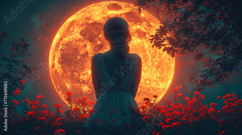 a beautiful woman silhouette in front of huge moon. AI generative