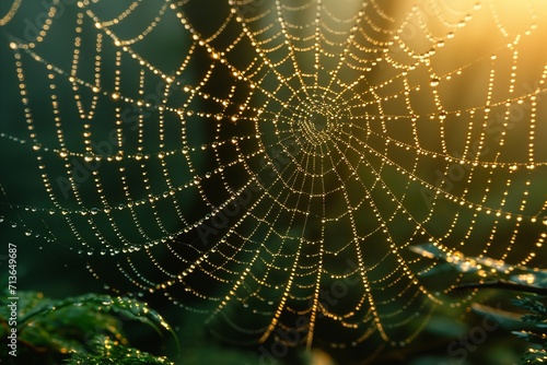 Captivating close up  intricate spider s web glistening with dewdrops, illuminated by sunlight © Ilja