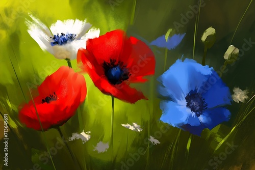 three red white blue flowers field league legends poppies overlord trench crusade store depicting flower loosely cropped regeneration poppy lead designer
